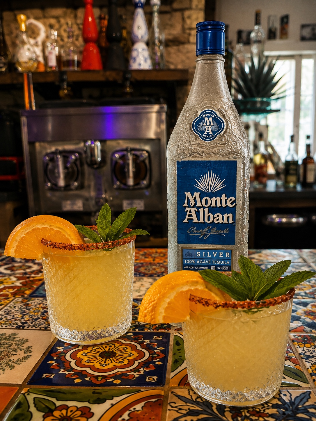Curated cocktails presented with a Monte Alban Silver Tequila bottle